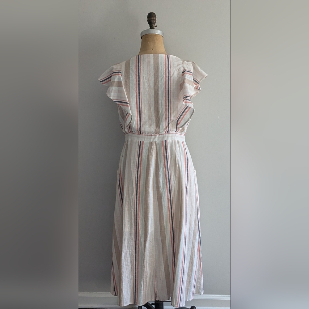 Cottage Core Button Down White & Tan Cotton Strip… - image 2